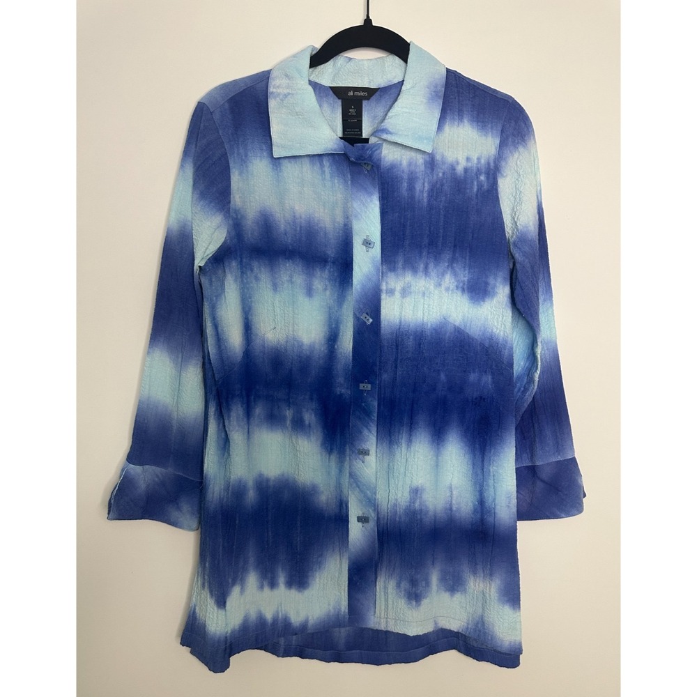 Ali Miles Crinkle Tie Dye Button Up Top Small Blue Boho Artsy Lagenlook Blouse - Picture 2 of 13